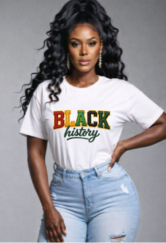 Woman wearing a white t-shirt with 'BLACK history' text, standing against a gray background