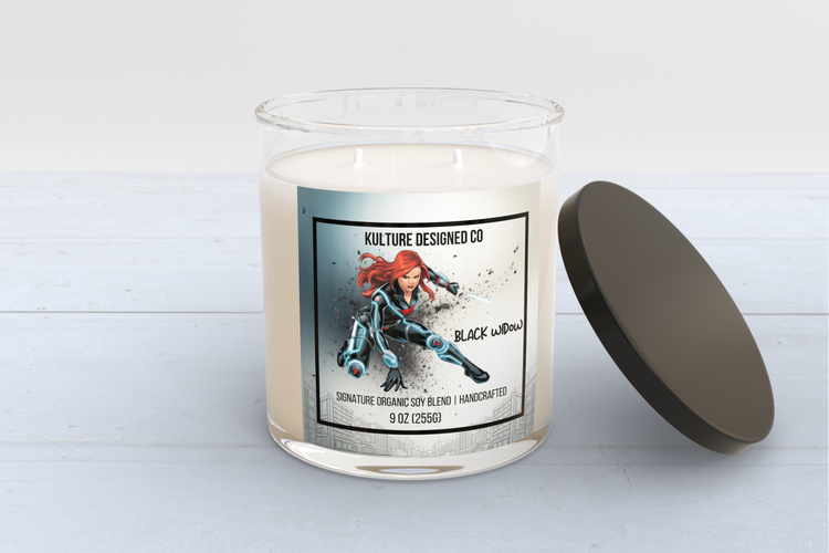 Candle with a 'Black Widow' themed label on a white background