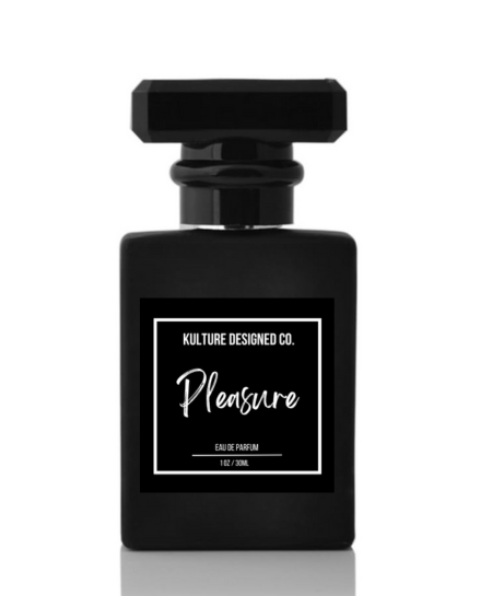 Black perfume bottle labeled 'Pleasure' by Kulture Designed Co. on a white background