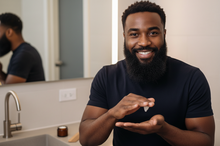 SEXY BLACK BEARDED MAN PUTTING ON PALM BEARD BALM