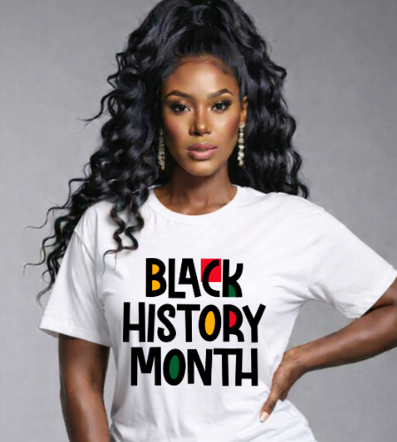 Woman wearing a white t-shirt with 'Black History Month' text in multicolor on a gray background