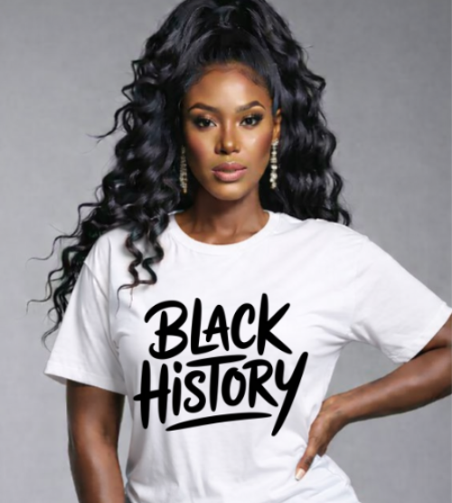 Woman wearing a white t-shirt with 'Black History' text against a gray background