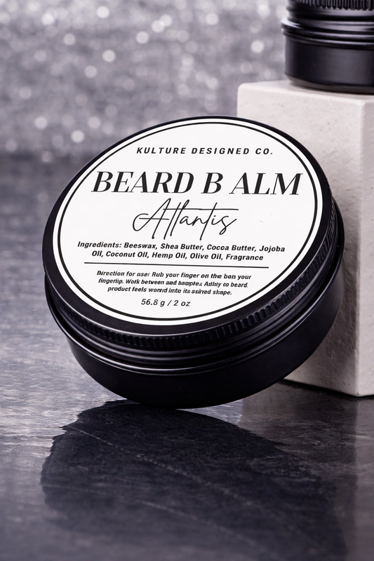 Beard balm container with label on a dark surface