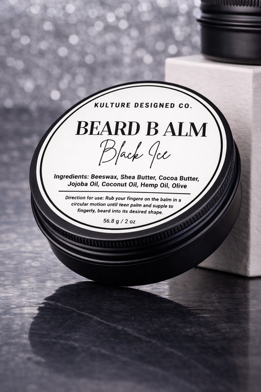 Beard balm container with label on a dark surface