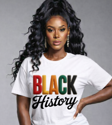 Woman wearing a white t-shirt with 'BLACK History' in multicolor text on a gray background
