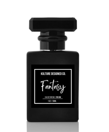 Black perfume bottle with 'Fantasy' and 'Kulture Designed Co.' text on a white background