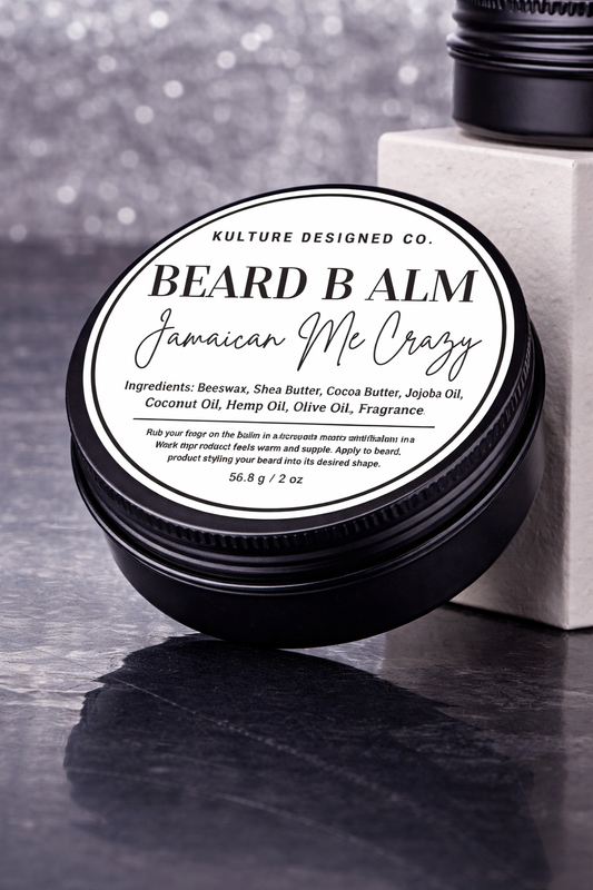 Beard balm container with label on a dark surface