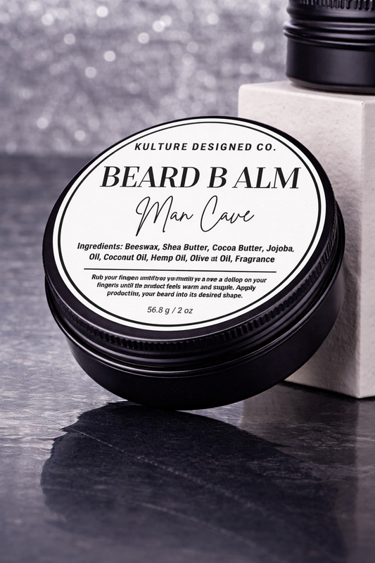 Beard balm container with label on a dark surface