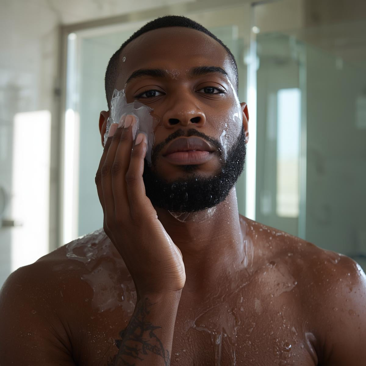Man awashing his face in a bathroom