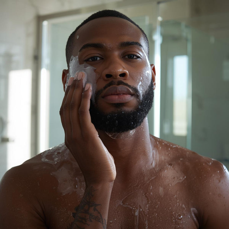 Man awashing his face in a bathroom