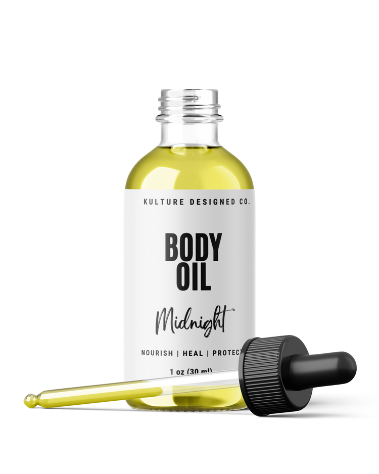 Body oil bottle with dropper labeled 'Kulture Designed Co. Midnight' on a white background