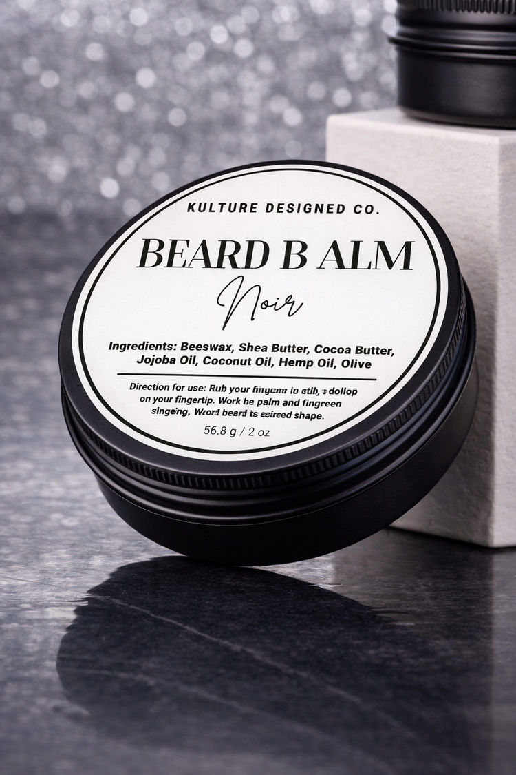 Beard balm container with label on a dark surface