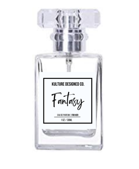 Perfume bottle labeled 'Fantasy' by Kulture Designed Co. on a white background