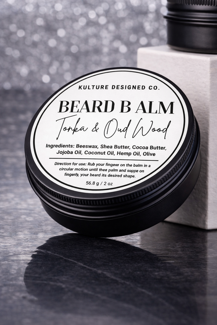 Beard balm container with label on a dark surface