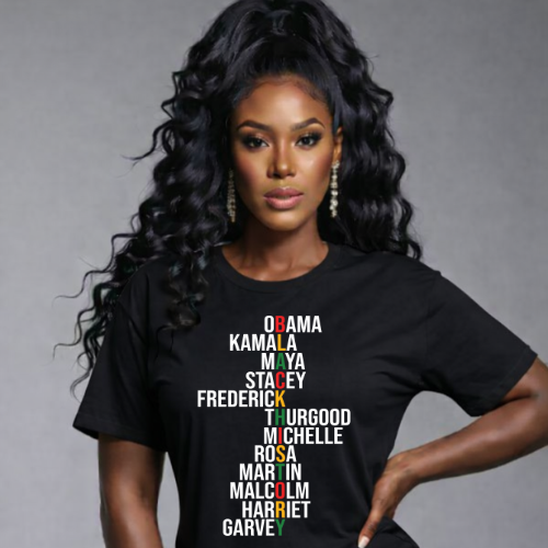 Woman wearing a black t-shirt with a list of names in various colors on a gray background