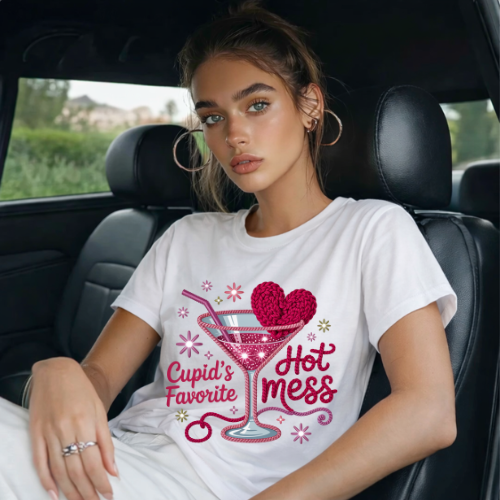 Woman sitting in a car wearing a white t-shirt with a graphic design.