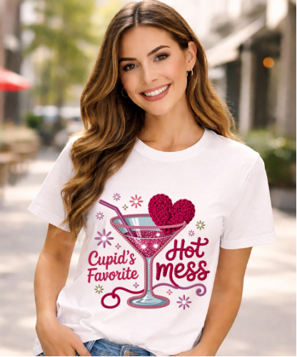 Woman wearing a white t-shirt with a graphic design and text, standing outdoors.