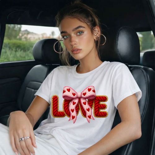 Woman sitting in a car wearing a white t-shirt with a decorative 'LOVE' design.