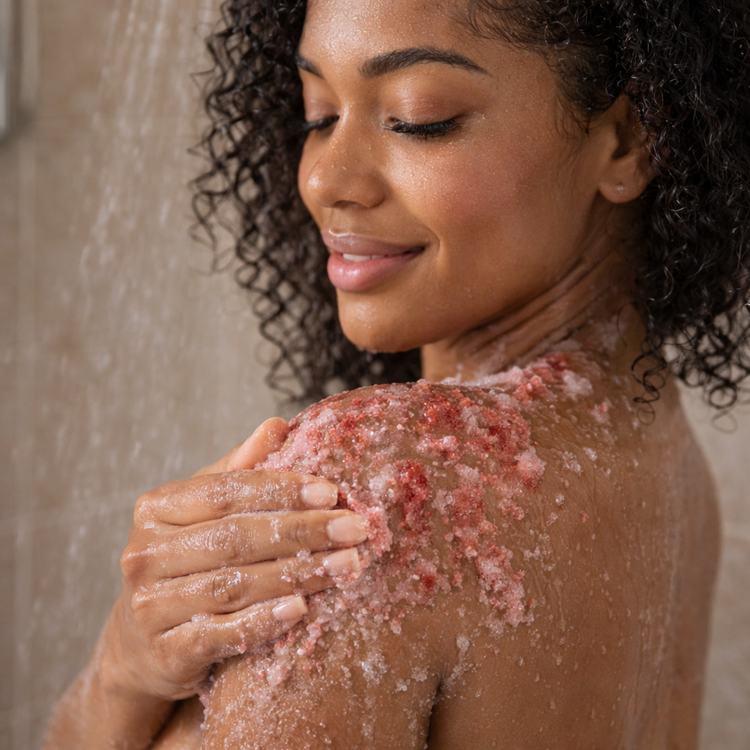 Woman with a scrub on her back in a shower setting