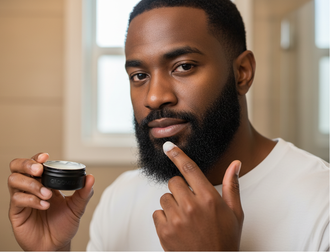 SEXY BLACK BEARDED MAN PUTTING ON BLACK TIN BEARD BALM 