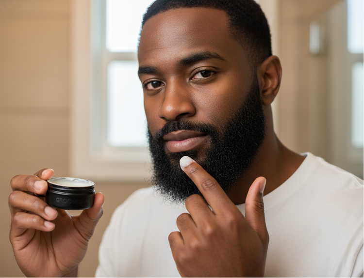 SEXY BLACK BEARDED MAN PUTTING ON BLACK TIN BEARD BALM 