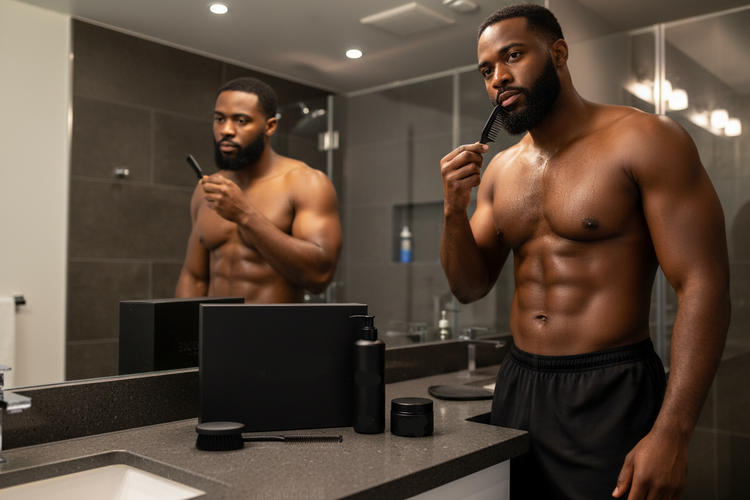 Man grooming himself in a bathroom mirror
